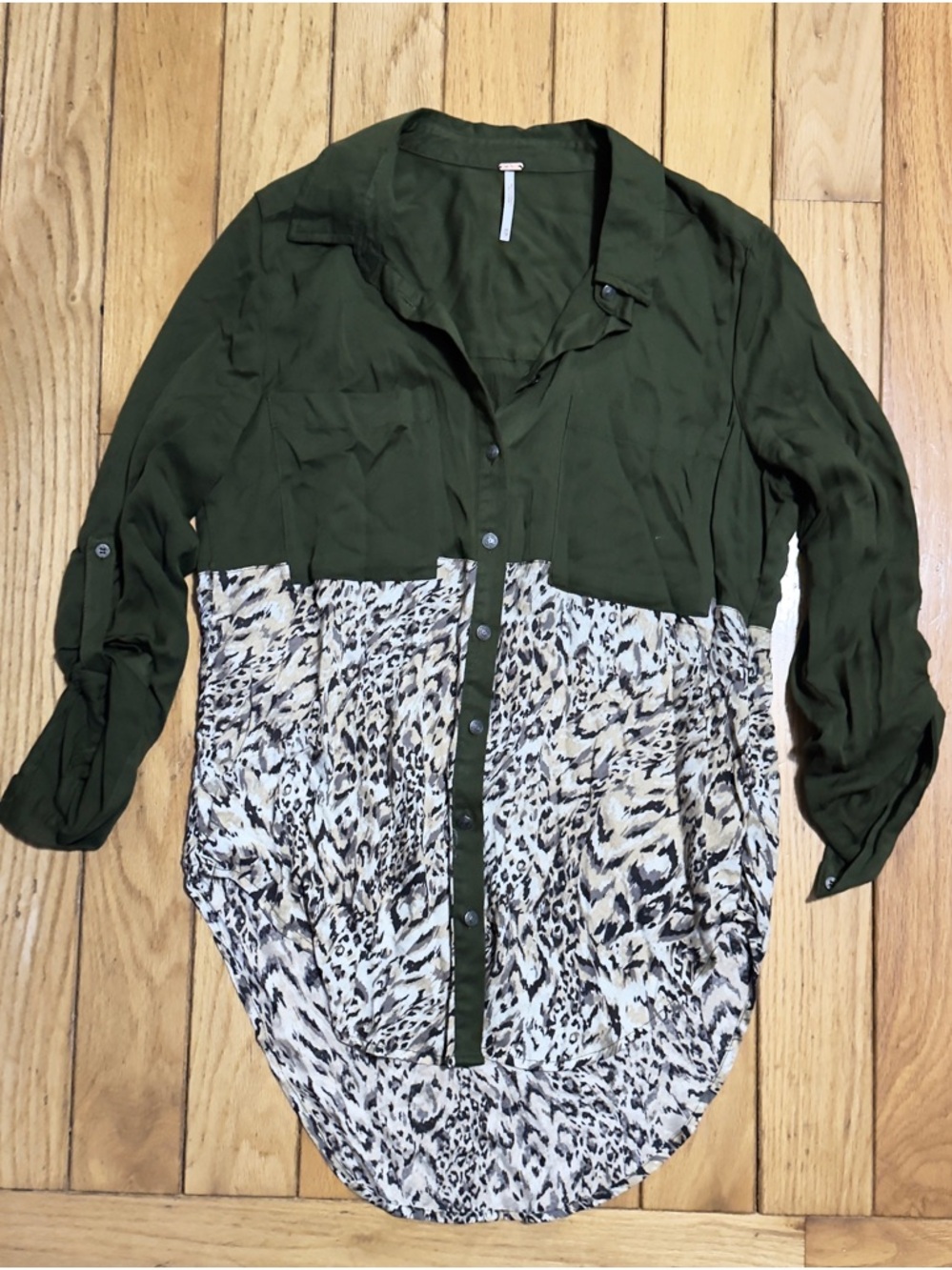 Free People Olive Green and Neutral Animal-Print Button Tunic